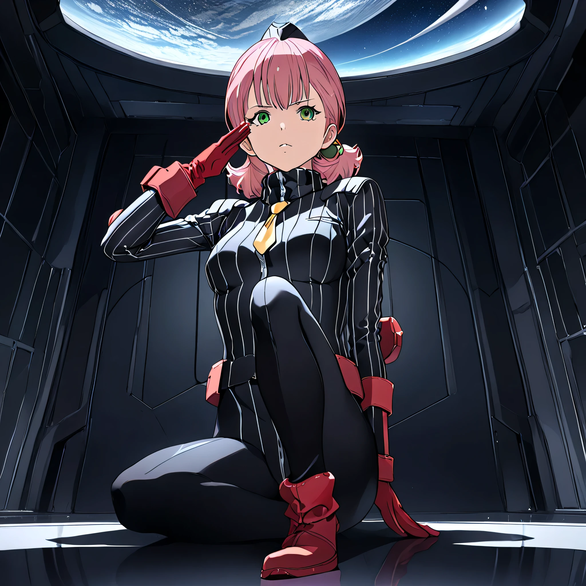 anime, (masterpiece), (best quality), (ultra-detailed), (best illustration), (best shadow), (absurdres), (detailed background), (very aesthetic), shiny, detailed beautiful eyes, outstanding, countershading, detailed soft lighting, an exquisite animation illustration, 1girl, solo, anheang, Dollsuit, thighthigh, dark persona, empty eyes, expressionless, blank eyes, looking at viewer, red gloves, full body, emotionless, Fighting Stance, hair ornament, medium breast, submissive pose, seductive pose, SarahZab1ar0v, hair bobbles, green eyes, pink hair, salute, saluting, science fiction, space, indoors, sitting, looking from below, view from below, crossed legs