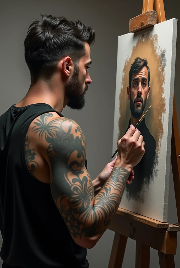 The beauty, strength and masculine power in images over time artistic style The Abstract Artist Environment: art studio, surrounded by paintings and sculptures.
pose: Standing in front of a canvas, holding a paintbrush, showing a creative hand.
action: Painting an abstract work.
Expression: creative, passionate, with a concentrated look.
Physical Characteristics: Intellectual face, messy hair, slim and creative body.