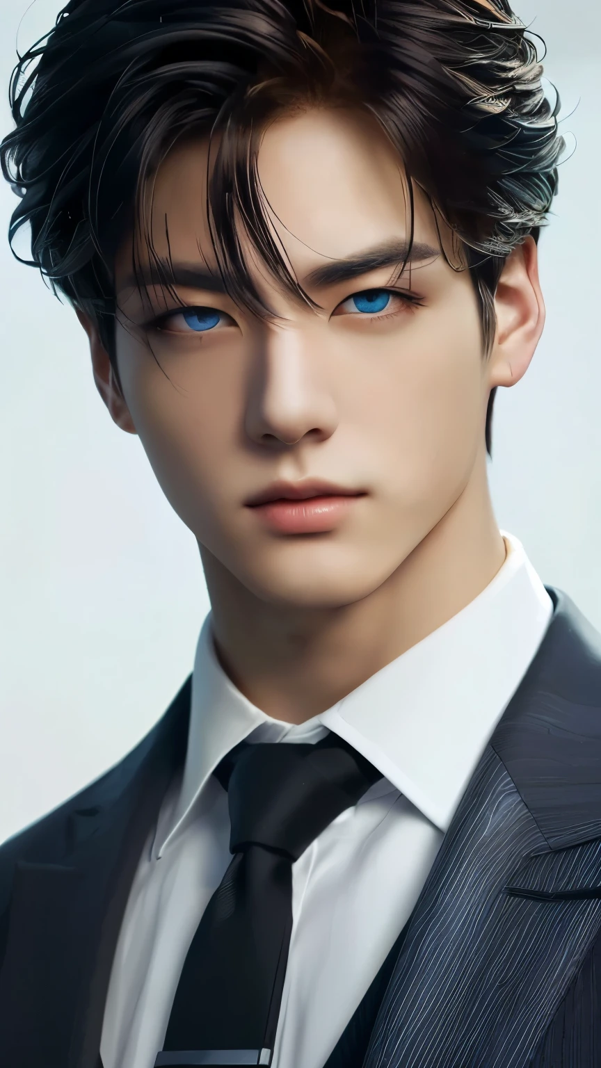 a close up of a man in a suit and tie with a cell phone, anime handsome man, tall anime guy with blue eyes, handsome guy in demon slayer art, stunning anime face portrait, anime portrait of a handsome man, male anime style, high detailed face anime, male anime character, anime realism style, smooth anime cg art, handsome stunning realistic
