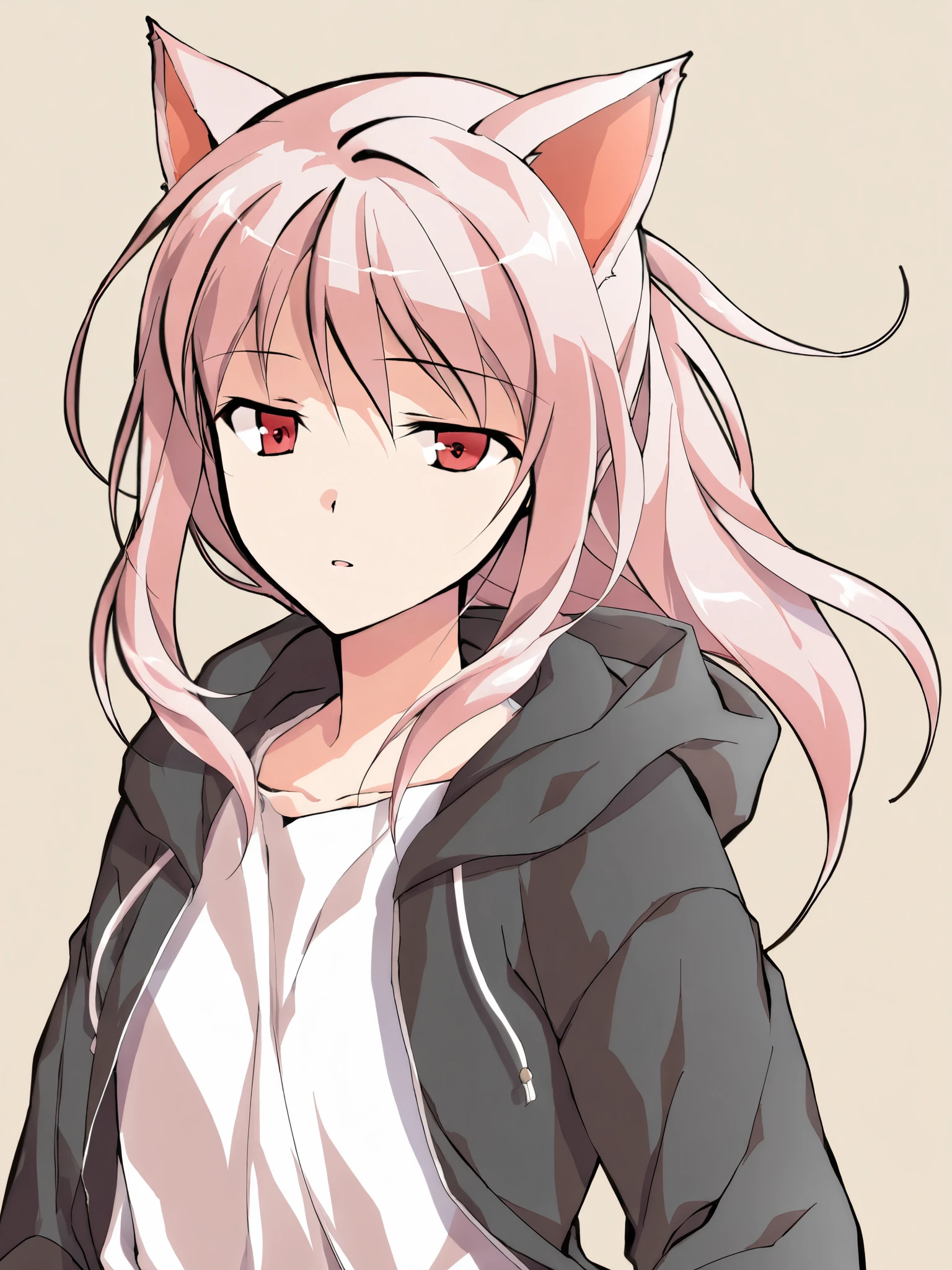 (( artist :Dairi)), Character Portrait,(8k, best quality, masterpiece:1.2),\(Eye details\),\(Facial features details\),( Clothes Details Details\),(1 Girl:1.3),((Mizuki Akiyama)),pink hair,single ponytail,red eyes,Cat ears,(/black hooded jacket)/,(/white shirt)/,Very detailed, Simple Background , Vertical painting style,