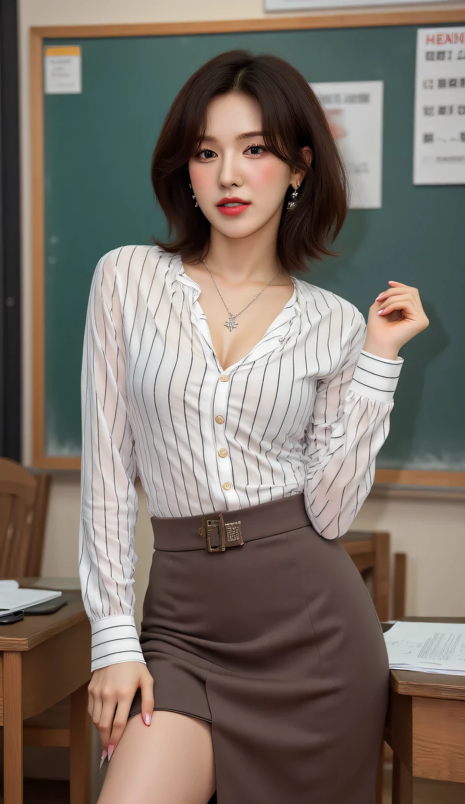 a female teacher , sitting at the table in front of the class ,  using white long sleeve satin shirt with black stripe pattern,  use a long tight span skirt to the legs of dark brown color,  using a cross necklace ,  body shape is ideal ,  flaming red lips 