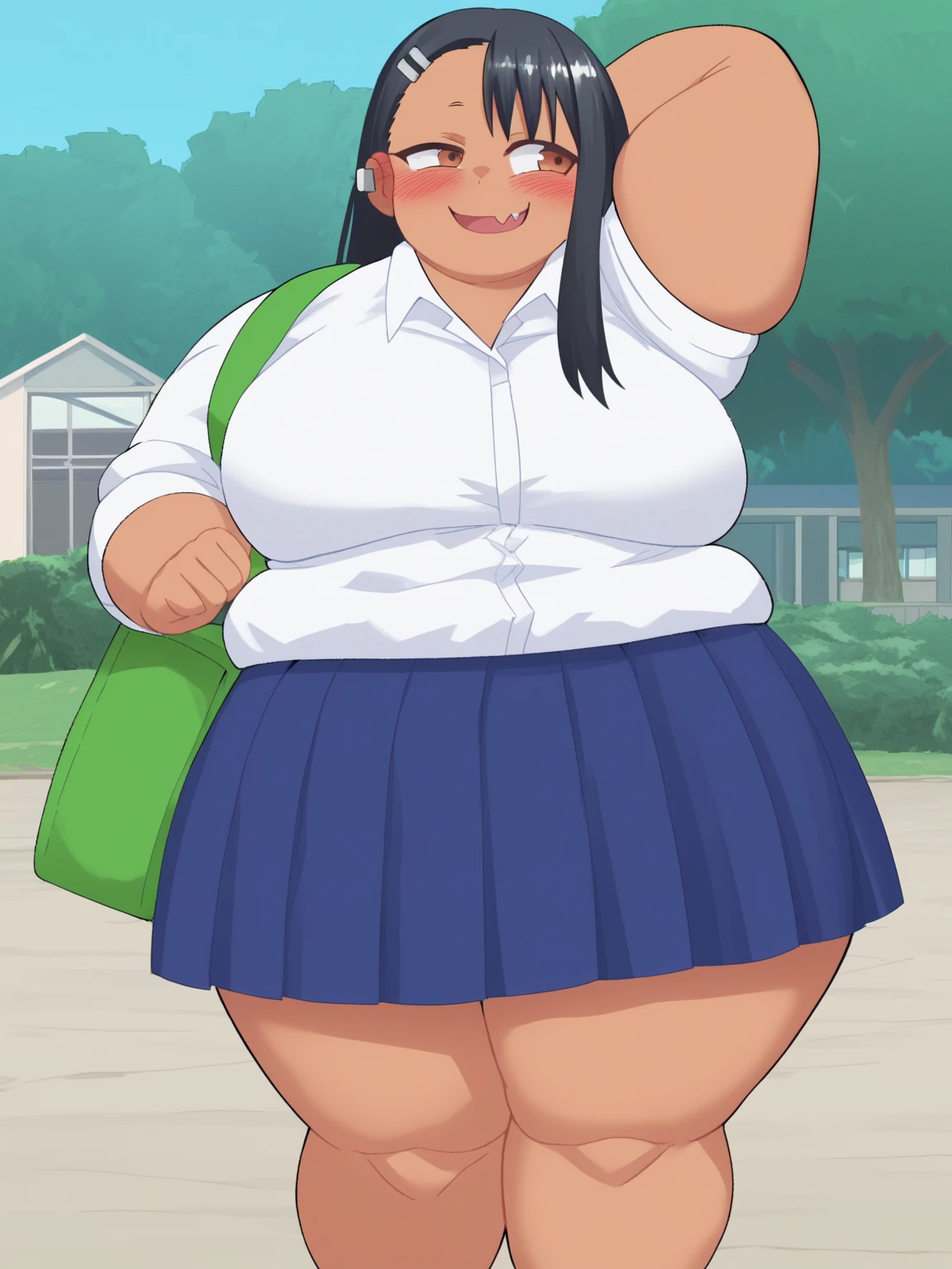 Fat nagatoro hayase, brown eyes, black hair, fat body, bangs, big cheeks, fat and cute face, long hair, dark skin, hairclip, white shirt, blue skirt, no socks, school shoes, fat arms, fat belly , happy face