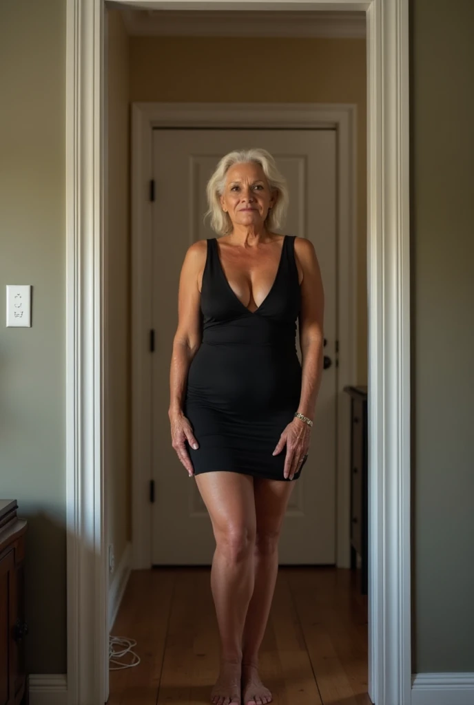 Liv Ullman, her name is Freydis, high quality, 1 old woman, ((50-year-old SLIM dutch woman)), ((50 years old)), (((wrinkled body))), ((((old body)))), ((LONG grey hair)), (((no make up))), (pale skin), (((blue eyes))), POSE: standing, ((she is nude)), seductive, sexy, alluring, BACKGROUND: indoor: CABIN fireplace in NORWAY, WOODEN WALLS, ((realistic vagina))
