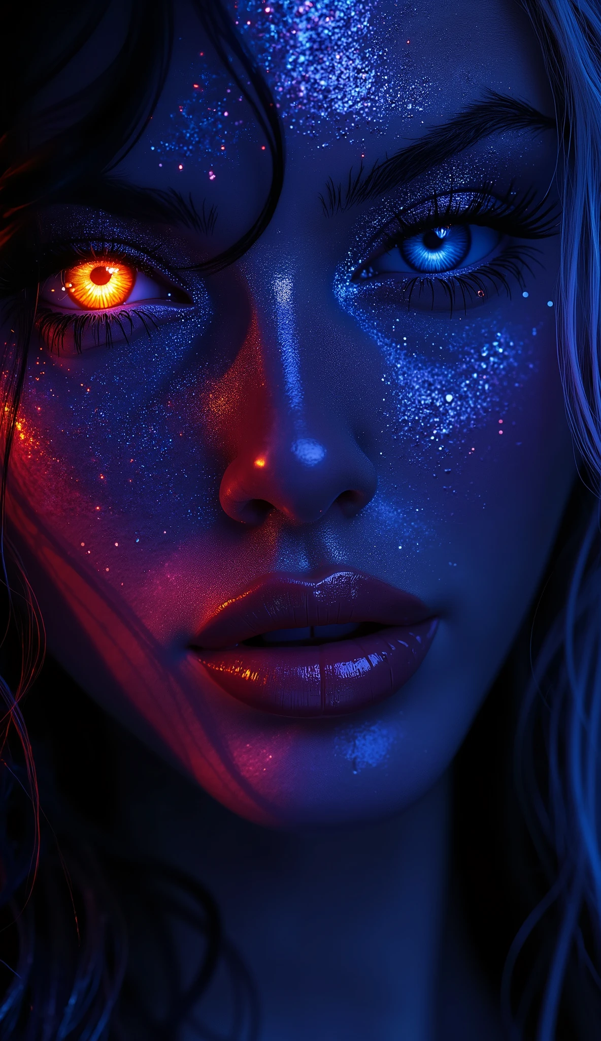 Full body picture 
Full body picture 
Full body picture 
Full body picture of Azura, a servant of the gods.

Azura's form is a masterpiece of dark, sensual beauty. Her skin gleams with an almost iridescent sheen, as if infused with the essence of midnight sky and starlight. High cheekbones frame her full, lush lips, which part to reveal sharp white teeth glinting with a subtle sheen of saliva.
Her eyes burn with an inner fire, two glowing coals that seem to pierce right through you, drinking in every detail of your being. They're almond-shaped, fringed with long lashes that add to their hypnotic allure. A delicate sprinkling of freckles dusts the bridge of her nose, adding a touch of whimsy to her otherwise statuesque features.
Azura's hair cascades down her back in thick, glossy waves that shimmer with hints of indigo and violet under the neon lights

Azura's body is perfect, long legs, hour glas shape, rounded breast and fit ass. 

Full body picture 