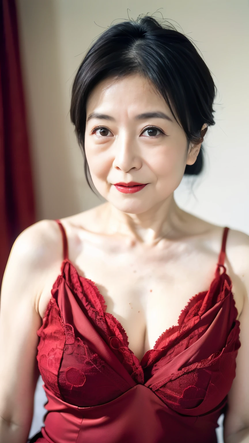(((raw photo:1.5))), ((( depth of field:1.5))), ((( The Greatest Masterpiece))), (((16k:1.5))), ((( best quality :1.5))), Deep Focus , ((( high resolution:1.5))), (((ID photo composition:1.5))), (((Uchihara Michiko :1.5))), ((( is in focus on the face:1.5))), (((Clear contours))), Professionally filmed, ((( late elderly :1.5))), No discomfort, (( Accurate Description )), (((Lewd facial expression:1.5))), ((( lingerie:1.5))), ((( sexyなブラジャーを着ている:1.5))), (((Alone))), wife:1.2, Aunt:1.2, Chinoiserie , Older Mature Woman, red background , gravure, (((An expression full of anticipation:1.5))), (( Center of screen)), beautiful faces, (((Bright red lips:1.5))), Properly drawn lips, red lips, flashy makeup , From the chest up, Masterpiece, best quality , More details, photorealistic, More details細なスキン, COMPLETE ANATOMY, ( The Greatest Masterpiece:1.6), ( positive), 280 year old , huge breasts, Draw the upper body:1.3, mature pornstar, Charming, sexy, Chromo white skin, Stare straight at me ,