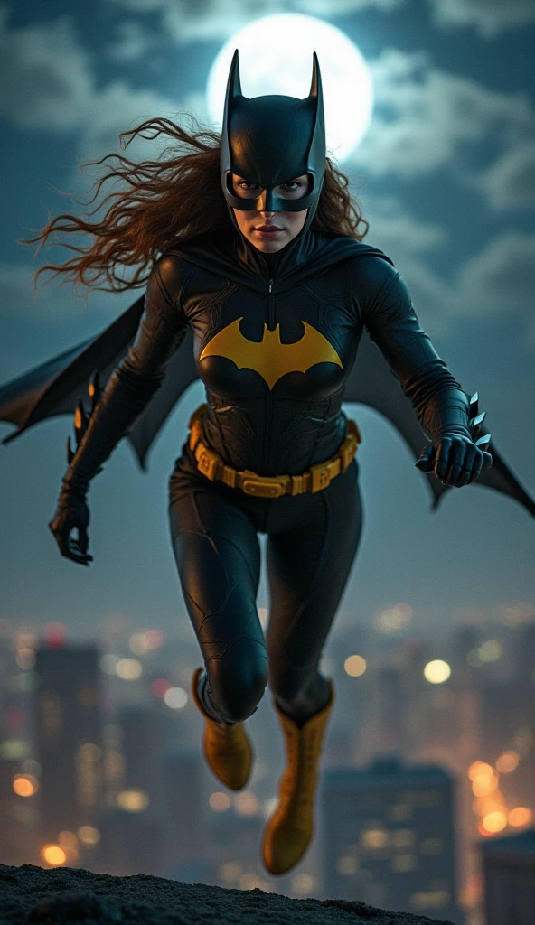 8K, Ultra HD, super details, high quality, high resolution. The heroine Batgirl looks beautiful in a full-length photo, her body is sculptural, her long black wavy hair is radiant in a perfect combination with her white skin, her bright blue eyes mesmerize everyone. She is wearing her heroine costume. It consists of a mask that covers the upper part of the face, leaving the eyes visible, and a tight bodysuit. It can be black, dark blue or purple, the material is made of resistant and elastic fabric to provide protection and allow agile movements, on the chest of the costume there is a bat symbol similar to the Batman symbol, she wears a utility belt that contains a variety of useful devices and equipment for her missions, Batgirl's boots and gloves are made of resistant material to protect her hands and feet during combat, she wears a black cape, an aesthetic element of the costume. She looks very sexy, drawing attention to her big breasts and thick legs.