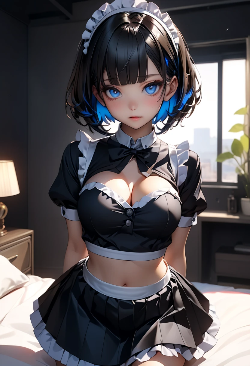 (Close-up:1.4)、(RAW shooting:1.2)、(photorealistic:1.4)、(masterpiece:1.3)、(highest quality:1.4)、solo、7 head and body、(slender and beautiful girl)、cute、(beautiful detailed eyes)、(charming big eyes)、(beautiful double eyelids)、(beautiful and detailed face)、(smile full of joy:1.3)、(Medium chest:1.2)、(cleavage)、(erect nipples:1.2)、(full body shot)、8K、(muste piece:1.2)、(pale blue hair、short bob:1.3)、(Bangs Patsun)、(headdress、white blouse、black ribbon、White Apron、ruffle skirt、puff sleeves、collar、choker、apron with fine ruffles:1.3)、White Knee High Socks、black maid costume、(Sexy model pose with chest sticking out:1.3)、cowboy shot、view audience、(small butt)、(beautiful hands)、(beautiful thighs)、cute系、(perfect anatomy:1.2)、ancient city、