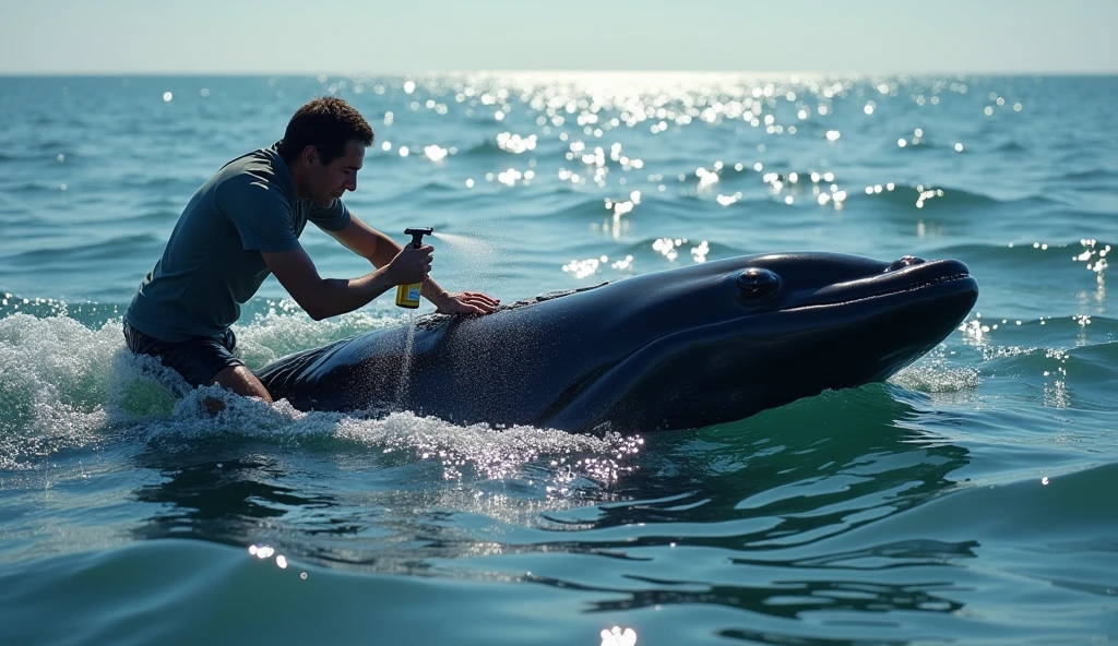 The dolphin's mouth is connected to a black hose、A dolphin is biting the end of a hose、The dolphin is in the pool、A man is holding a hose、Humans are expressionless