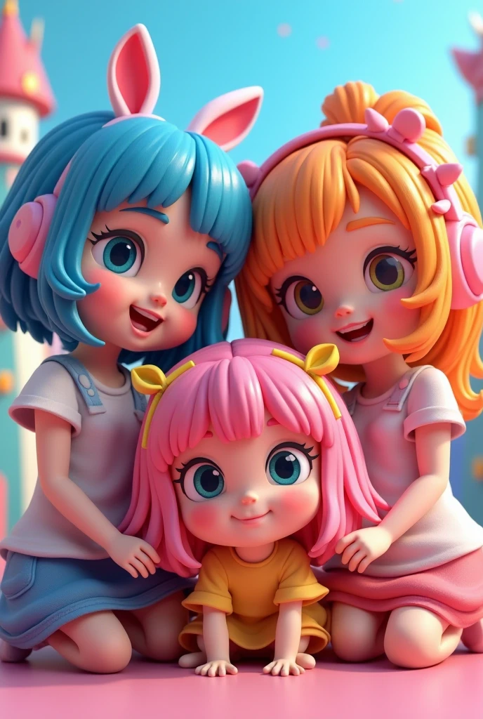 Triplets with blonde hair braids ,fones de ouvido, hellchild em segundo plano,