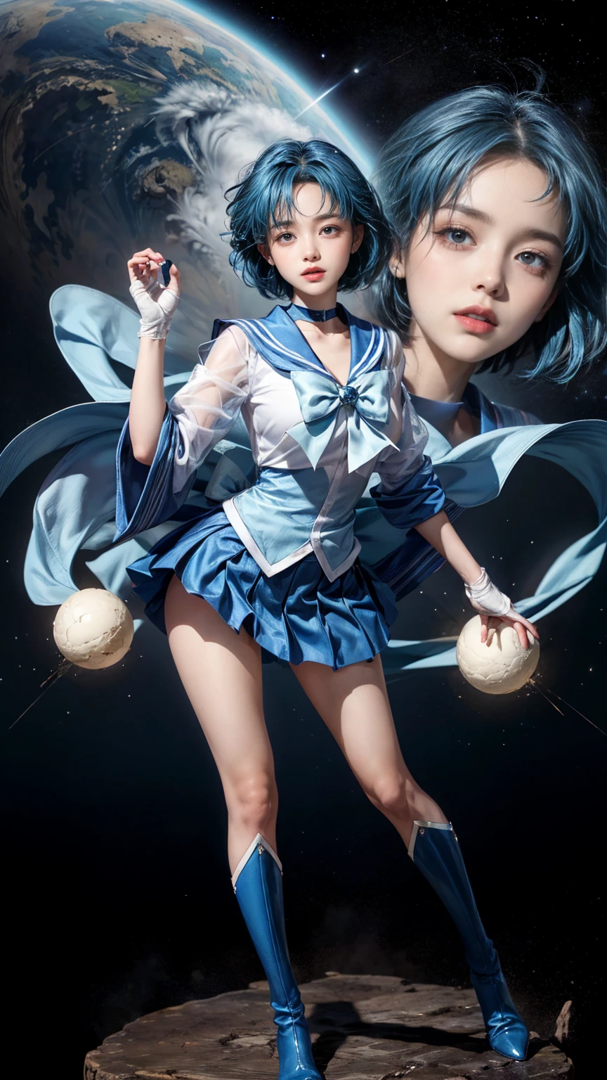 Masterpiece, Ultra Detailed, 1girl, Smile, Delicate Facial Features, Breasts, Gloves, Lips, Solo, Sailor Mercury, Blue Eyes, Smuniform, Mer1, Tiara, Sailor Senshi Uniform, (RAW photo, best quality), Masterpiece, Ridiculous, Sexy, Floating Short Blue Hair, Blue Sailor Collar, Bow, (Over-the-Knee Boots: 1.1), Choker, white gloves, blue choker, elbow gloves, jewelry, earrings, blue skirt, sole, full body, blue hair, (perfect hand drawn): 3.8, octane rendering, water god, ((water drops), wet clothes, (beautiful detailed water), (floating), dynamic angle