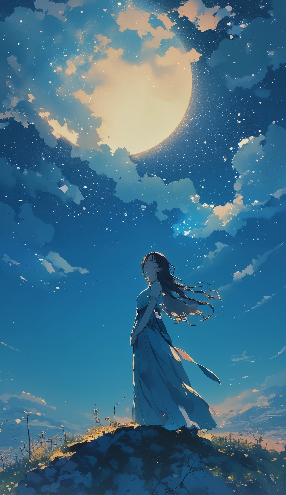 (Masterpiece,  best quality :1.2),  1 girl, Alone,Anime girl standing on a rock and watching the moon, artwork in the style of Gwaiz, Gwaiz, Gwaiz masterpiece, Gwaiz on pixiv artstation, In the moonlight, Gwaiz on artstation pixiv,  anime art wallpaper 8k , Moonlight glow, The moon behind her,  Anime Art Wallpaper 4K
