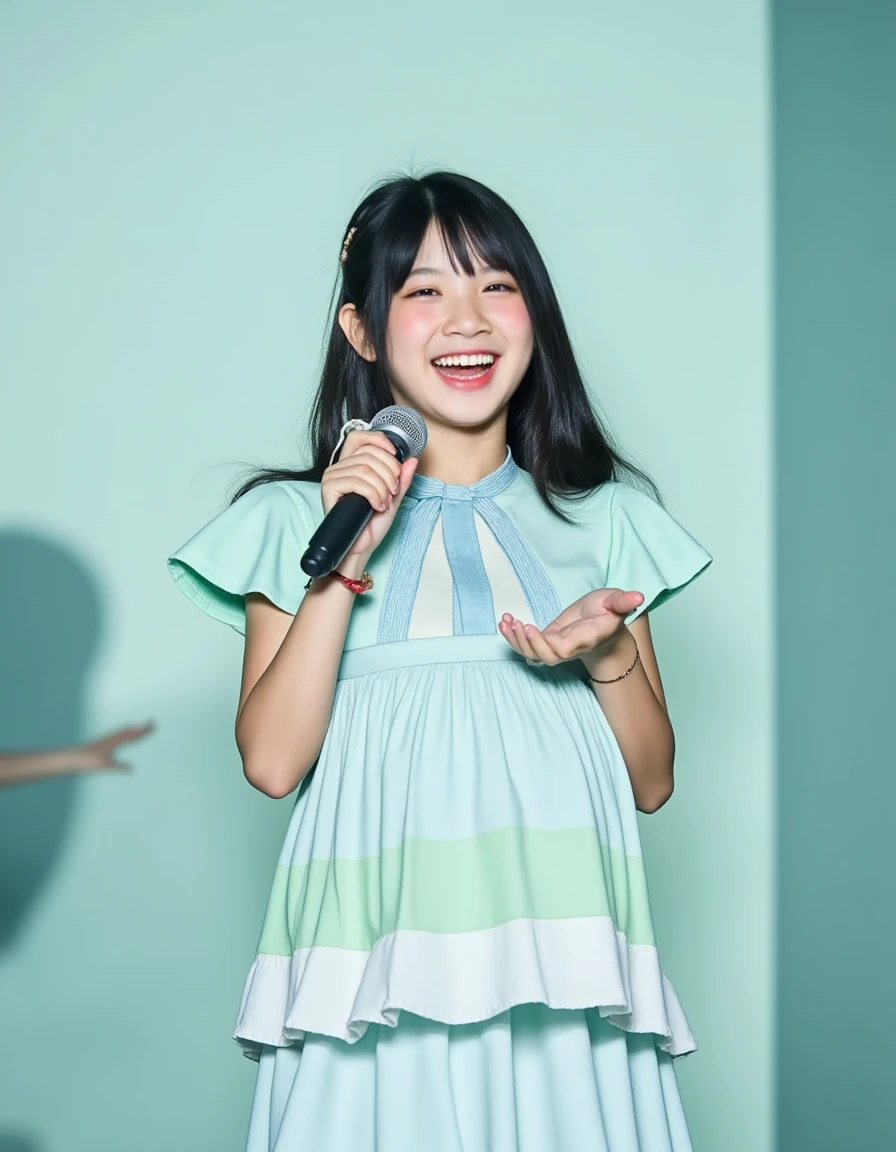 Long shot photo of a beautiful child girl, brown long wavy hair down, japanese pop idol, 50mm portrait, on colorful stage, crying with tears thanking everyone with microphone, Top: Baby blue and white sweet collar, front button closure, white buttons, baby blue solid short skirt and matching beautiful Bow Tie, flower clip with baby blue petals on the top and in the hair, white shoes with light blue laces