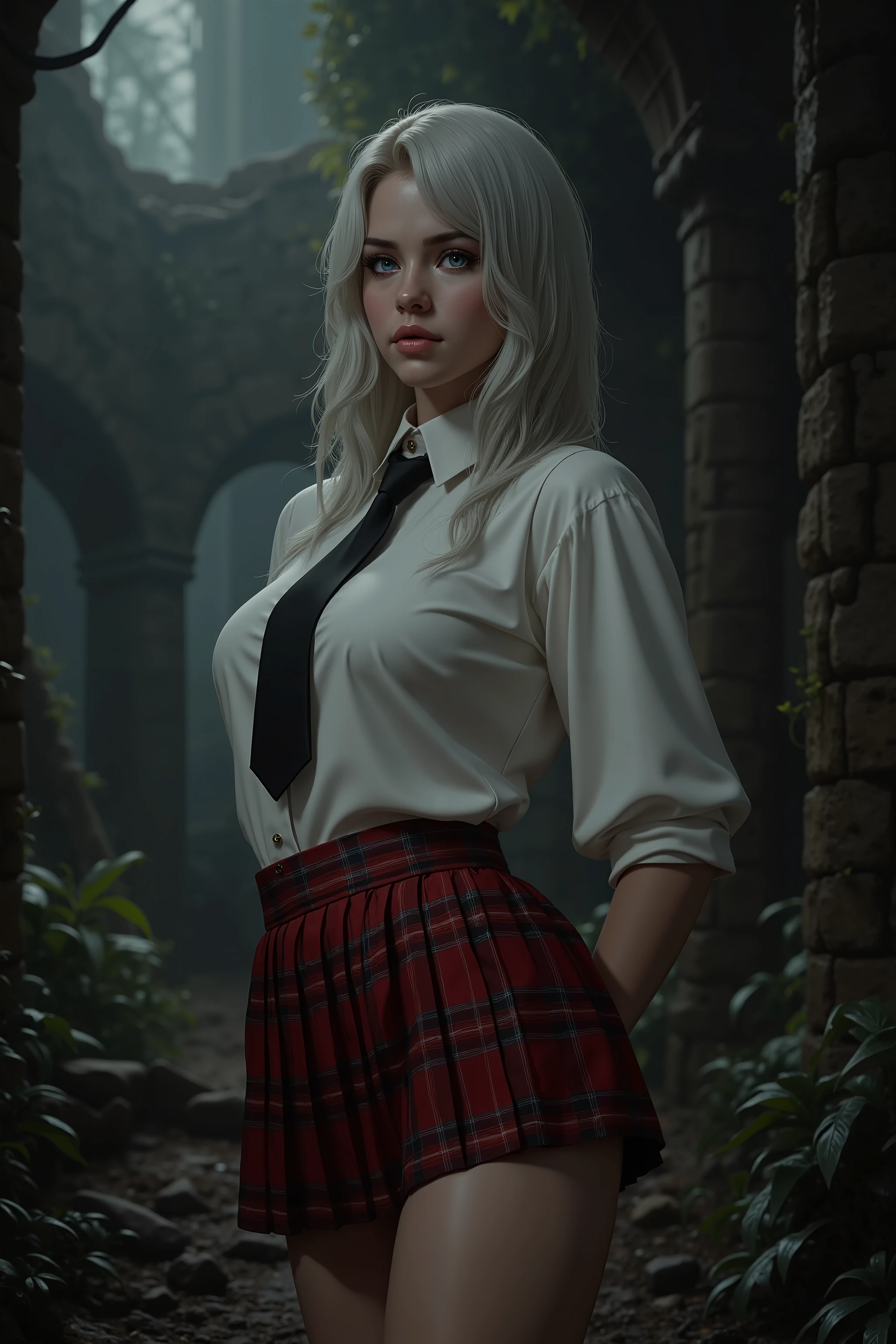 (La Best Quality,A high resolution,Ultra - detailed,actual),beauty sensual sexy 18 years old girl in a red black plaid short pleated skirt , and in a white silk shirt with a black tie , ,(Ruined dungeon ruins background:1.4 ),(white gray hair :1.4), More detailed 8K.unreal engine:1.4,UHD,La Best Quality:1.4, photorealistic:1.4, skin texture:1.4, Masterpiece:1.8,first work, Best Quality,object object], (detailed face features:1.3),(The correct proportions),(Beautiful blue eyes), (cowboy pose), (skirt short paintings shein white :1.4), Epic Fantasy Art Style HD, 4K fantasy art, epic fantasy digital art style, epic fantasy art style, Fantasy Woman, epic fantasy art portrait, Epic fantasy style, hyperrealistic fantasy art, hd fantasy art, Epic fantasy character art, epic fantasy art, in style of dark fantasy art, epic fantasy digital art, (anatomía perfecta :1.4), (estilo guerrera amazonas :1.4), (fondo plantas grandes silvestres :1.4), (estilo cuero de búfalo negro :1.4), (fondo piedras grandes cueva caverna lava :1.4), (fantasy tenebroso bosque encantado noche :1.4) 