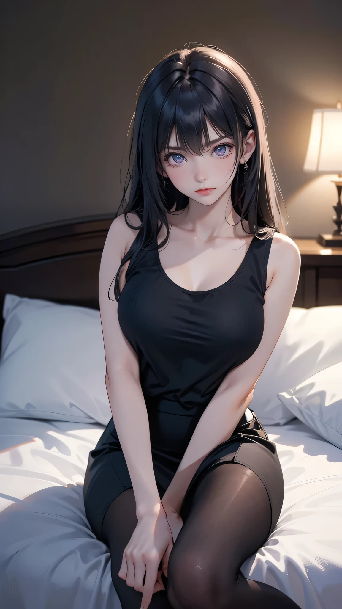 masterpiece, high resolution, beautiful woman, Korean Beauty, 30 years old, black tight tank top, black pencil skirt, black pantyhose, beautiful woman, looking at me (high resolution face), (high resolution eyes), (The background is in the room)、(Sit on the bed)、(Glare)、Feet Focus, Displeased,