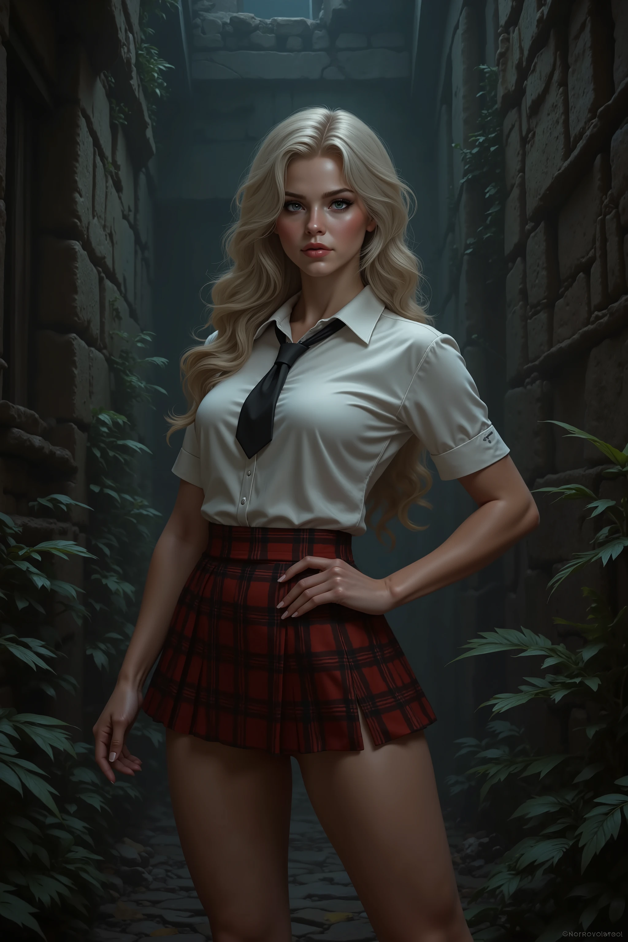 (La Best Quality,A high resolution,Ultra - detailed,actual),beauty sensual sexy 18 years old girl beautiful sensual sexy young woman muscular body blonde wavy long hair blue eyes, white skin, red lips, round face full lips high arched eyebrows thin waist long shapely legs full breasts in a red black plaid short pleated skirt , and in a white silk shirt with a black tie , ,(Ruined dungeon ruins background:1.4 ),(white gray hair :1.4), More detailed 8K.unreal engine:1.4,UHD,La Best Quality:1.4, photorealistic:1.4, skin texture:1.4, Masterpiece:1.8,first work, Best Quality,object object], (detailed face features:1.3),(The correct proportions),(Beautiful blue eyes), (cowboy pose), (skirt short paintings shein white :1.4), Epic Fantasy Art Style HD, 4K fantasy art, epic fantasy digital art style, epic fantasy art style, Fantasy Woman, epic fantasy art portrait, Epic fantasy style, hyperrealistic fantasy art, hd fantasy art, Epic fantasy character art, epic fantasy art, in style of dark fantasy art, epic fantasy digital art, (anatomía perfecta :1.4), (estilo guerrera amazonas :1.4), (fondo plantas grandes silvestres :1.4), (estilo cuero de búfalo negro :1.4), (fondo piedras grandes cueva caverna lava :1.4), (fantasy tenebroso bosque encantado noche :1.4) 
