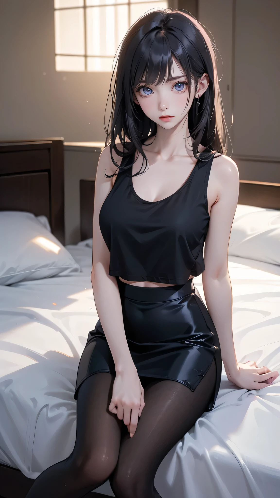 masterpiece, high resolution, beautiful woman, Korean Beauty, 30 years old, black tight spaghetti tank top, black pencil skirt, black pantyhose, beautiful woman, looking at me (high resolution face), (high resolution eyes), (The background is in the room)、(Sit on the bed)、(Glare)、Feet Focus, Displeased,