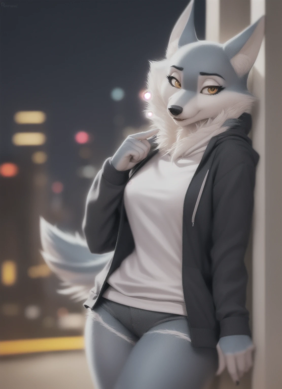 y fluff-kevlar, by Zackary911, by Kenket, by Kilinah, by fluff-kevlar, (masterpiece), (best quality), (anthro furry:1.3, snout:1.2, anthro:1.3, furry:1.2, solo female:1.2), (extremely detailed:1.3), (extremely detailed eyes), masterpiece, female anthropomorphic wolf, 1girl, solo, masterpiece, body fur, fluffy, furry, black coat, outfit, white t-shirt, outdoors, standing near park bench, medium shot, wolf anthro, medium breasts, female, gray hair, gray and white fur, blue eyes, heavy blush, playful