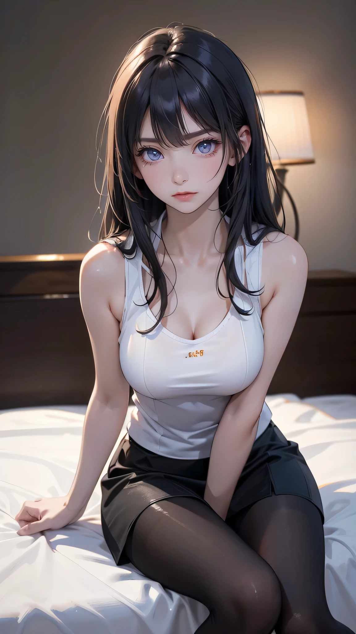 masterpiece, high resolution, beautiful woman, Korean Beauty, 30 years old, black tight spaghetti tank top, black pencil skirt, black pantyhose, beautiful woman, looking at me (high resolution face), (high resolution eyes), (The background is in the room)、(Sit on the bed)、(Glare)、Feet Focus, Displeased,