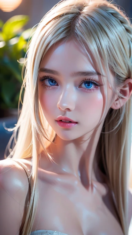 Exceptional sexy beauty、Beautiful, calm and bright expression、Sexy refreshing look、Perfect beautiful pretty face、Very bright, light blue eyes、Short ponytail、Long bangs between the eyes、Long platinum blonde straight hair、Beautiful facial hair、Very cute beautiful sexy young little woman、Very perfect beautiful pretty face、Beautiful clear cute eyes