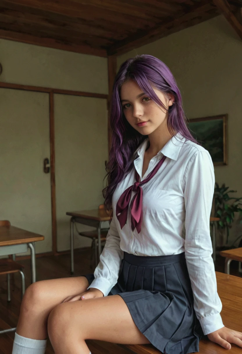 ((best quality)), ((masterpiece)), (detailed), gorgeous young with perfect face Purple hair. with warm skin and blue eyes poses Listening to lessons at school be only one girl in the photo He's wearing a school skirt and a white shirt