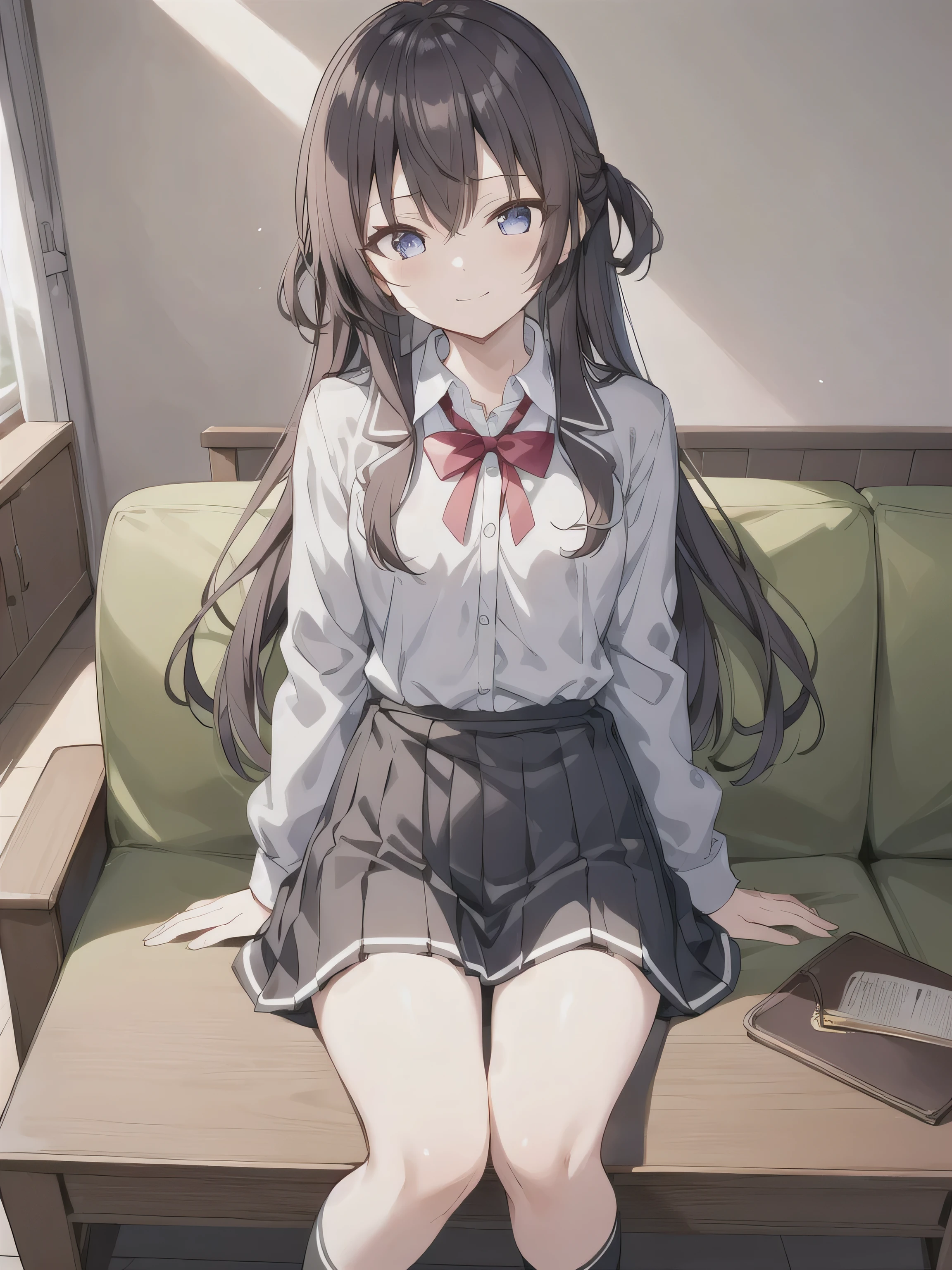  only one girl  ，Black Hair,   long hair,   eyes:1.5), (  medium chest :1.2),
red skirt ， clothes tied around the waist，school uniforms， skirt， white socks，stocking，Long socks ，Show your knees，The skirt has wrinkles ，rest， special skirt , skirt,   Seto Fuku,Low-cut，cleavage rest ，While looking at the audience,lie， Protruding nipples，lie着，living room，sofa，television，coffee table，table，lie在sofa上，laughing contemptuously ，
 ( masterpiece:1.2),   Best Quality ,    high resolution   ,   unity 8k wallpaper  , (illustration:0.8), ( beautiful detailed eyes:1.6),   The facial details are extremely detailed ,   perfect lighting  ,   extremely detailed CG  , (perfect hands),