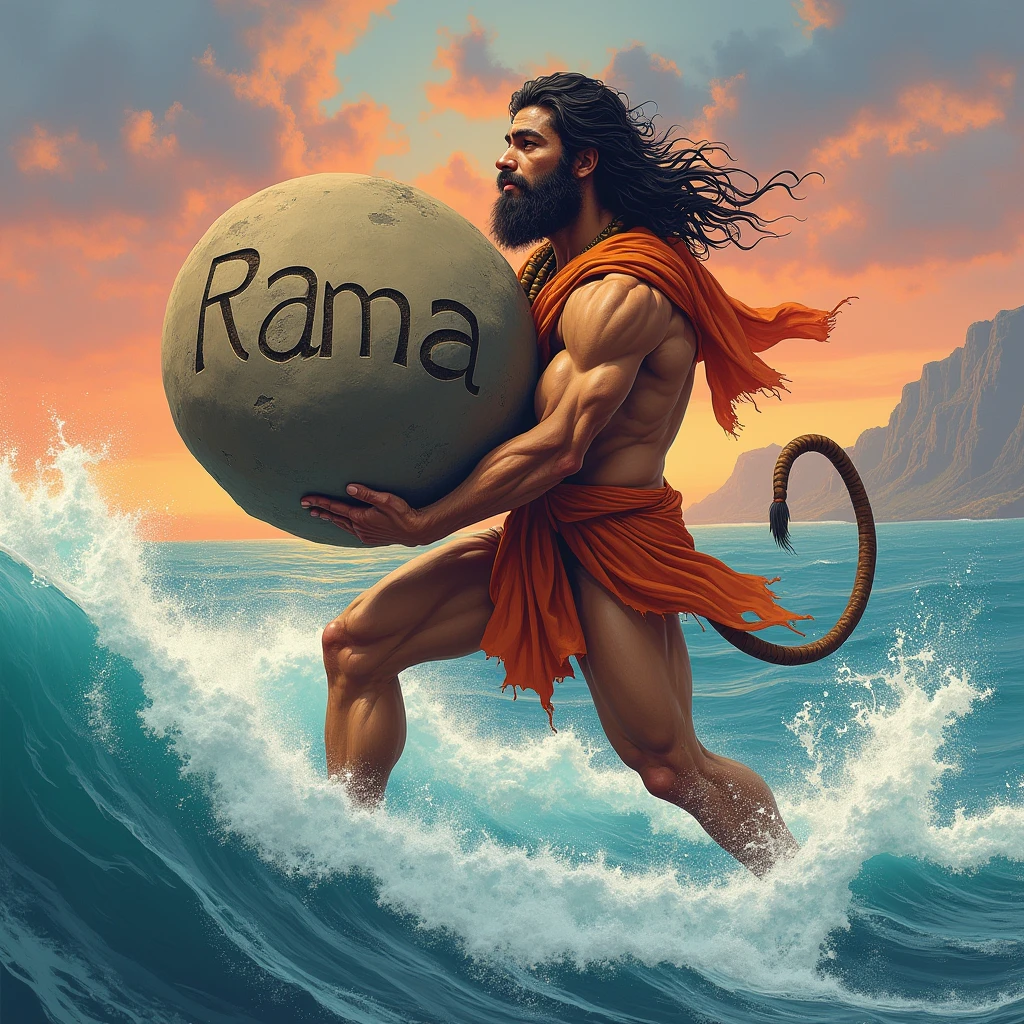 Sea vivew a boy wear a whit t-shirt name " ARNAV" Bold font big name hug with lord hanuman
