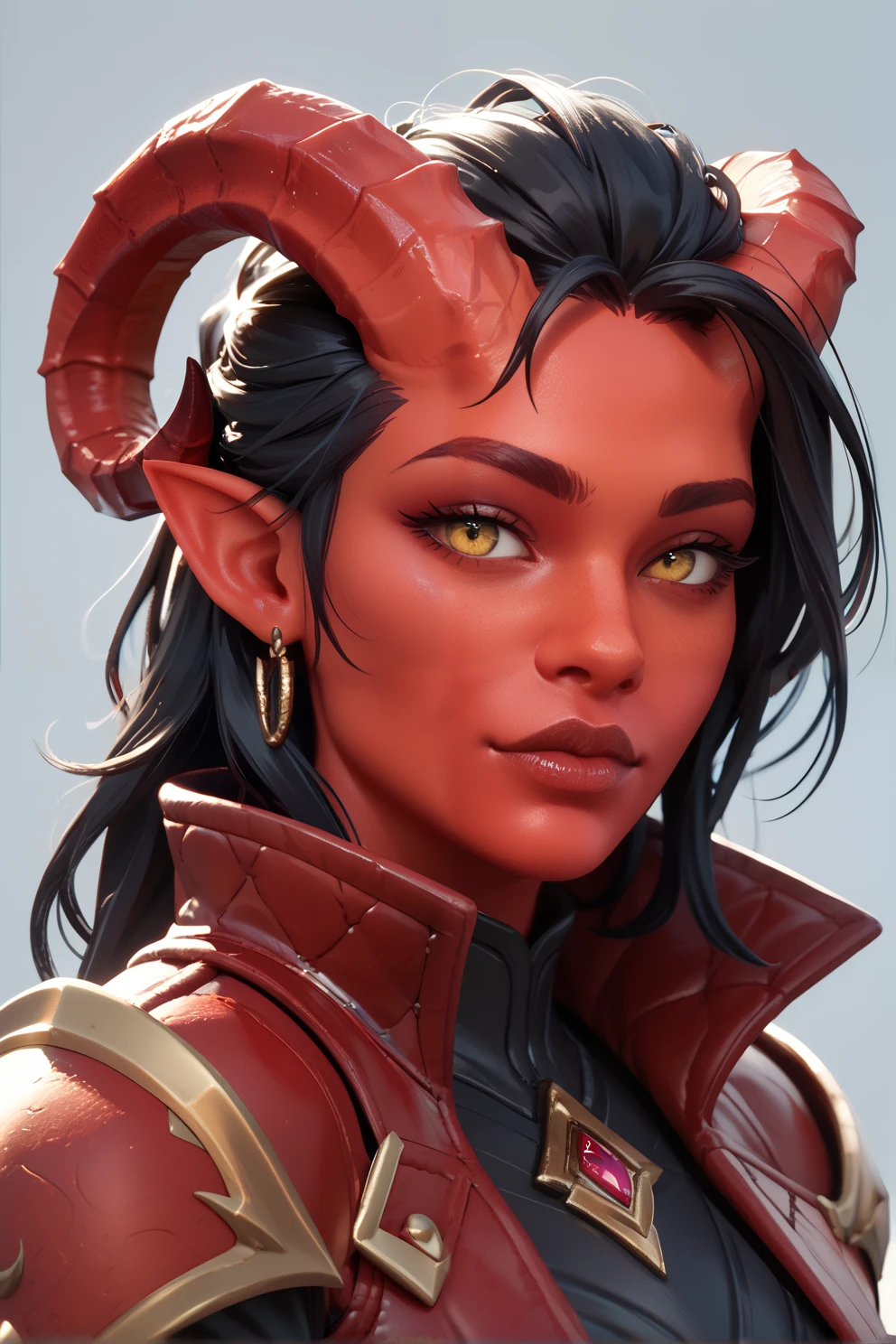 score_9, score_8_up, score_7_up, score_6_up
Tiefling, Red skin, twisting horns. Jacket over armor
BGKarlach, 1girl, demon horns, black hair, red skin, looking at viewer, simple background, portrait