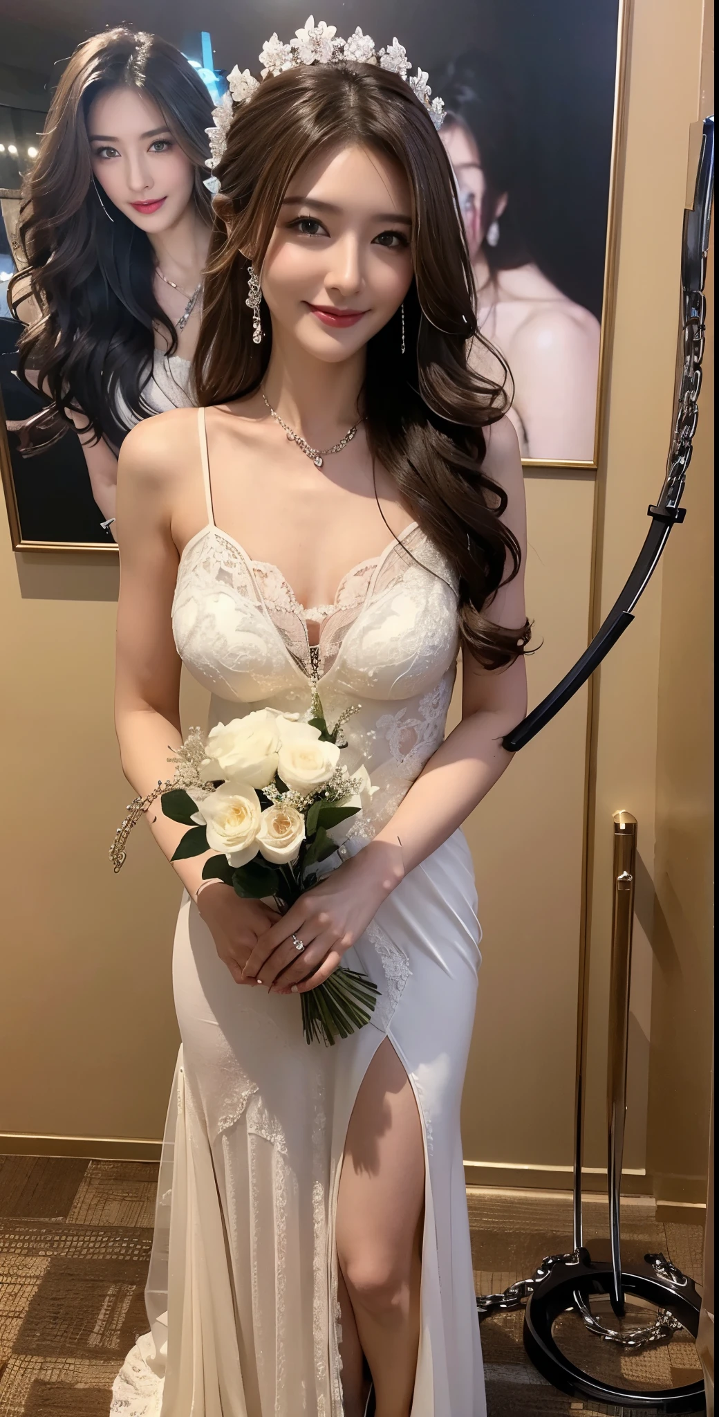 bride、wedding、 luxury dress 、、 Formal wear、 brown eyes 、 black hair、 long hair、 hair gathered、((( full body shot with chain scythe ))) 、 short hair、 Very Dirty Expression 、(((Masterpiece)))、(( best quality ))、(( Surrealism ))、 mature woman、 mature woman、 Perspective 、 very detailed 、The perfect temptation、 best quality 、Good image quality、 beautiful、 Japanese, woman, Japanese , woman smile、 brown eyes 、 jewelry , blue eyes , realistic, kampala, growing skin , ( detailed face), tattoo , jewelry , , knight , blondes, wavy hair, attractive looks, smile,