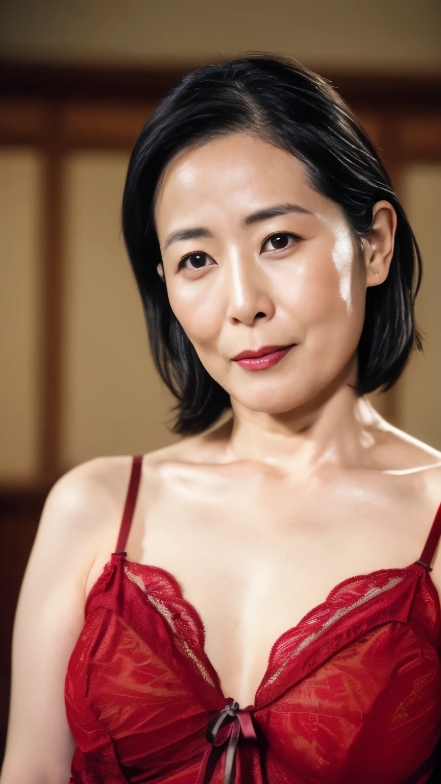 (((raw photo:1.5))), ((( depth of field:1.5))), ((( The Greatest Masterpiece))), (((16k:1.5))), ((( best quality :1.5))), Deep Focus , ((( high resolution:1.5))), (((ID photo composition:1.5))), (((Uchihara Michiko :1.5))), ((( is in focus on the face:1.5))), (((Clear contours))), Professionally filmed, ((( late elderly :1.5))), No discomfort, (( Accurate Description )), (((Lewd facial expression:1.5))), ((( lingerie:1.5))), ((( sexyなブラジャーを着ている:1.5))), (((Alone))), wife:1.2, Aunt:1.2, Chinoiserie , Older Mature Woman, red background , gravure, (((An expression full of anticipation:1.5))), (( Center of screen)), beautiful faces, (((Bright red lips:1.5))), Properly drawn lips, red lips, flashy makeup , From the chest up, Masterpiece, best quality , More details, photorealistic, More details細なスキン, COMPLETE ANATOMY, ( The Greatest Masterpiece:1.6), ( positive), 280 year old , huge breasts, Draw the upper body:1.3, mature pornstar, Charming, sexy, Chromo white skin, Stare straight at me ,