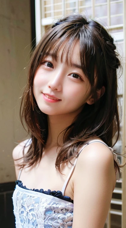 Highest quality, Face Focus, Soft Light, Ultra-high resolution, (Realistic:1.4), RAW Photos, 1 Japanese girl, cute, (A shy smile:0.9), (Brown eyes, light in your eyes), Beautiful face in every detail, (Small Box),(High resolution detail of human skin texture), (Long Hair),outside,one piece