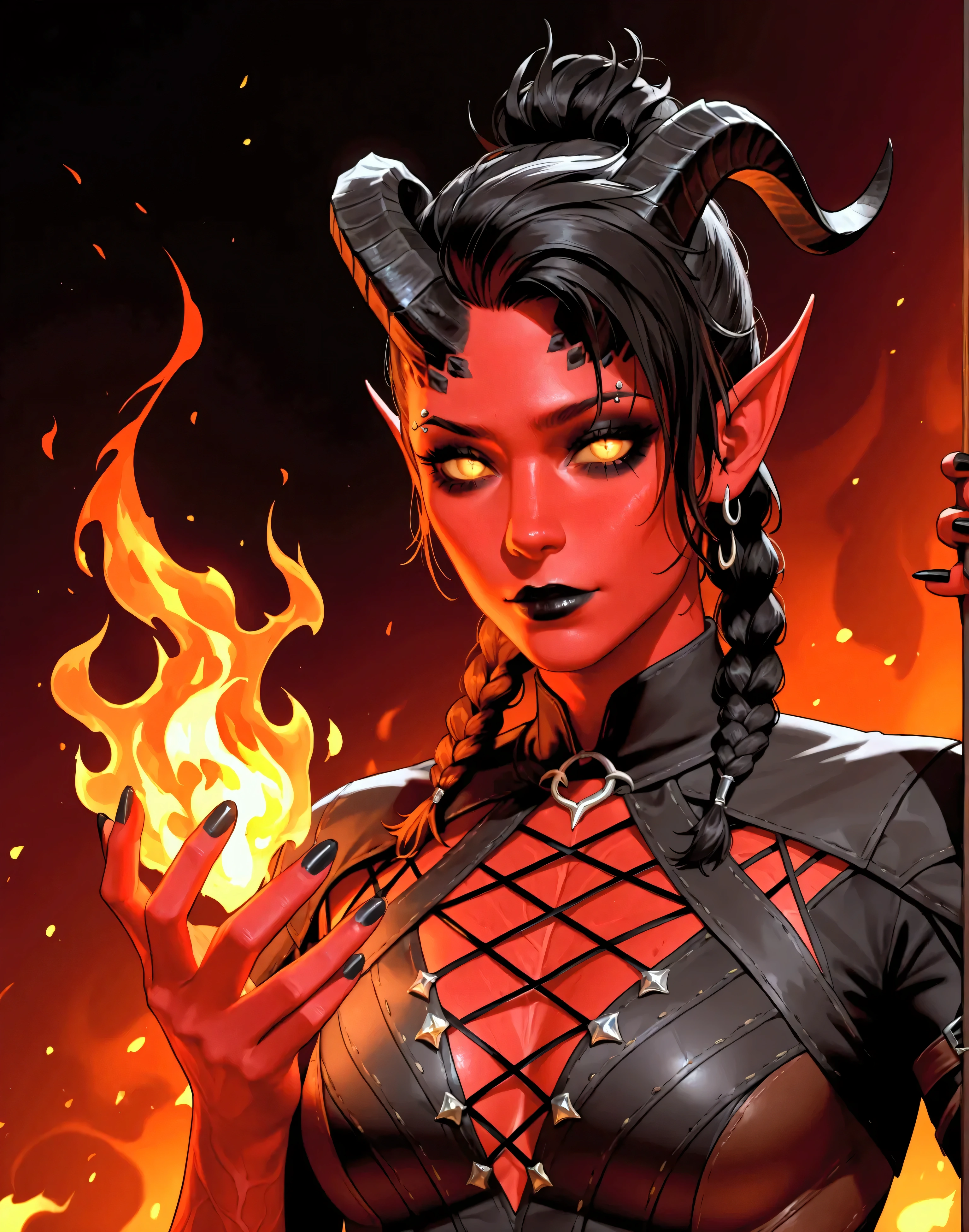 A young adult woman , red skin, Yellow Demon's Eyes, black hair with small braids , fringe, nose and eyebrow piercing, silver earrings , black horns , Black Lipstick, black eyeliner, She wears tight black clothes, perfect body, Her hand has flames of fire , black nails, she is in a dark cave . tiefling, Baldur's Gate 3