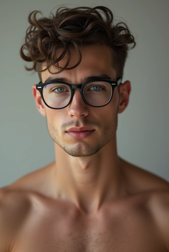 A young man, teacher, clean shaven, No blouse, offwhite, with little hair on the chest, tabby, with round glasses, with the penis and cum in masturbation