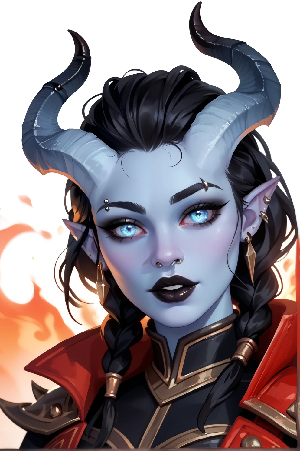 score_9, score_8_up, score_7_up, score_6_up
Tiefling, Red skin, twisting horns. Jacket over armor
BGKarlach, 1girl, demon horns, black hair, red skin, looking at viewer, simple background, portraitA young adult woman , blue skin, white Demon's Eyes, black hair with small braids , fringe, nose and eyebrow piercing, silver earrings , black horns , Black Lipstick, black eyeliner, She wears tight black clothes, perfect body, Her hand has flames of fire , black nails, she is in a dark cave . tiefling, Baldur's Gate 3