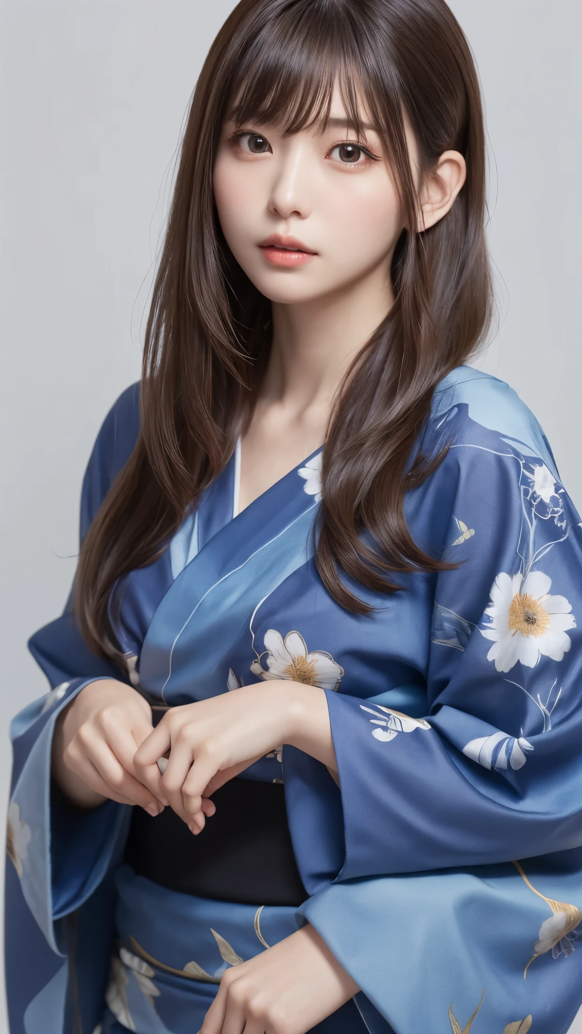 ((masterpiece, best quality , high resolution)), 1 girl , ( realistic: 1.4), Alone, , Closed Her Mouth , A little brown hair, long hair、 long hair、 ponytail, big eyes, transparent double eyelid , eyelash, Listen carefully, Long neck, attractive proportions, shiny skin, golden ratio face , perfect face, bangs, 7:3 bangs, lip gloss , thin lips, shiny blue kimono、Sleeveless yukata-like fur-sleeve 、