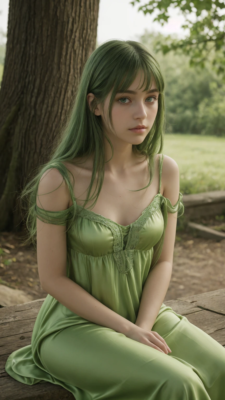 a girl. face sent feeling. Europe. Oval face. long face. delicate facial features. sad and shy eyes. seductively seductive. green eyes. long straight hair. green hair. wreath on head. big body. big thighs. sad. green silk nightgown. shy sitting posture. straight face. outdoor