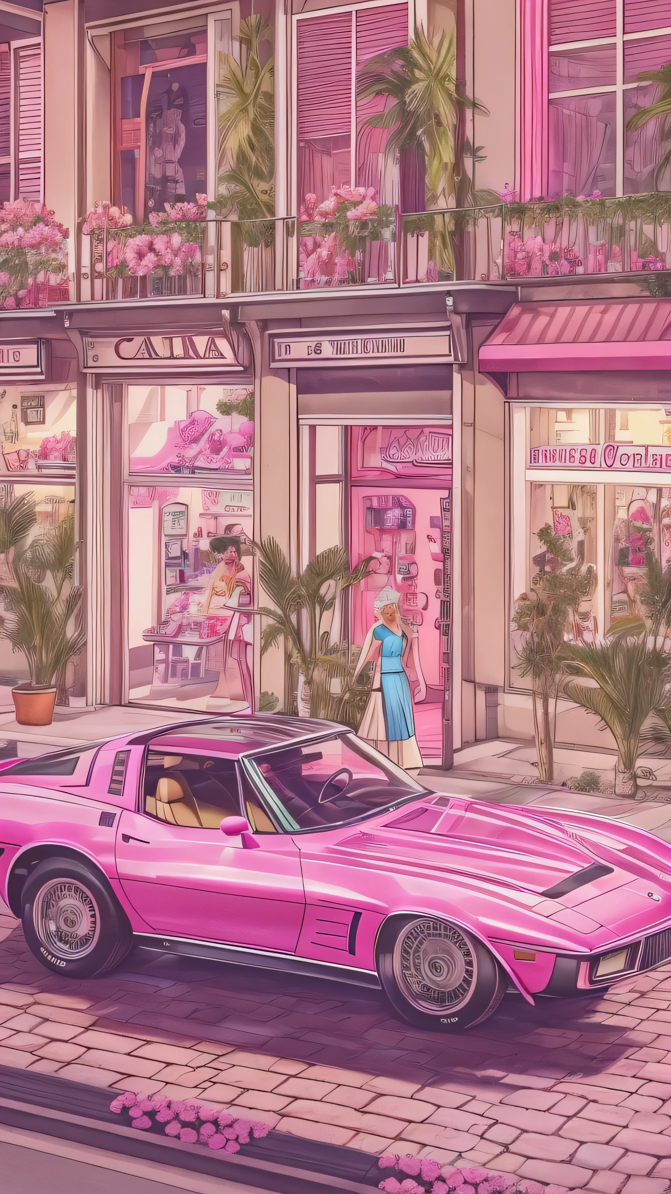 in high definition,Create another scene in the same style, Barbie is now outside the perfume shop., Now she has a bag from the perfume shop, she's about to get in the car , her car is a C1 Corvette, Pink and white, C1 Corvette, She is wearing a pink and white checked dress.、The background shows a California city in the 1980s.。, palm trees and lots of pink flowers .