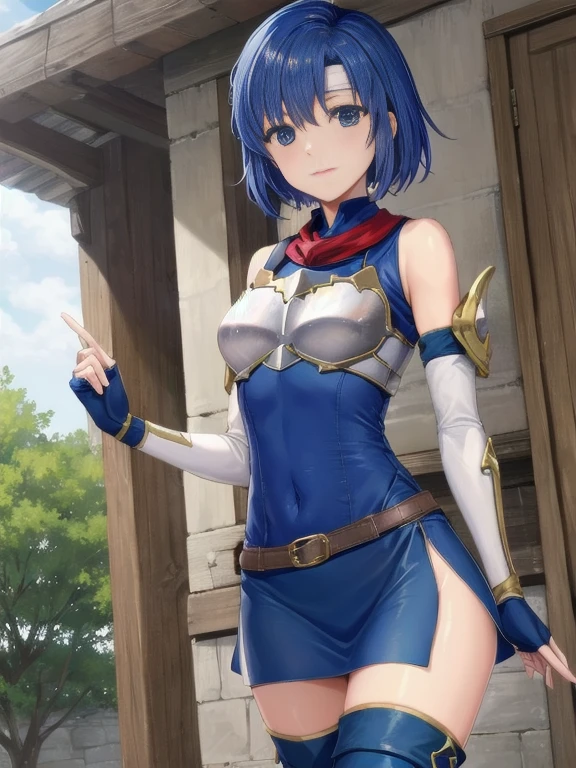 (White background:1.2),1girl,BREAK,Blue Hair, short hair, blue eyes, cute, Narrow waist, small, Toned Up, Large Breasts, Bare shoulders, Red neckerchief, Blue elbow gloves, Blue fingerless gloves, Pauldrons, belt, breastplate, White headband, Short dress, Dress slit, Blue tight boots, Blue long boots, Pegasus Knight Uniform (Fire emblem), low length,blush,Scared,distress,Open your mouth,(Her skirt is lifted up and her panties are visible,Blue and white striped panties:1.3)