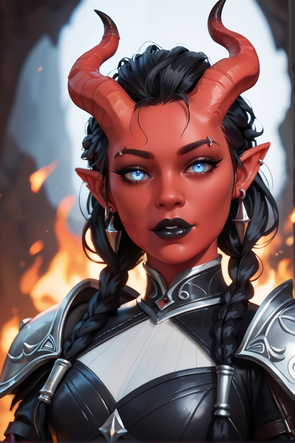 score_9, score_8_up, score_7_up, score_6_up
Tiefling, Red skin, twisting horns. Jacket over armor
BGKarlach, 1girl, demon horns, black hair, red skin, looking at viewer, simple background, portraitA young adult woman , blue skin, white Demon's Eyes, black hair with small braids , fringe, nose and eyebrow piercing, silver earrings , black horns , Black Lipstick, black eyeliner, She wears tight black clothes, perfect body, Her hand has flames of fire , black nails, she is in a dark cave . tiefling, Baldur's Gate 3