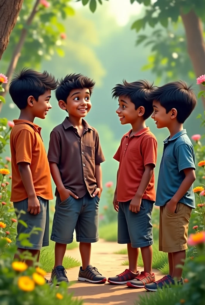 4boys 1 girl sitting in a garden like friend names
Vinod,sai,Mahindra, Gayatri