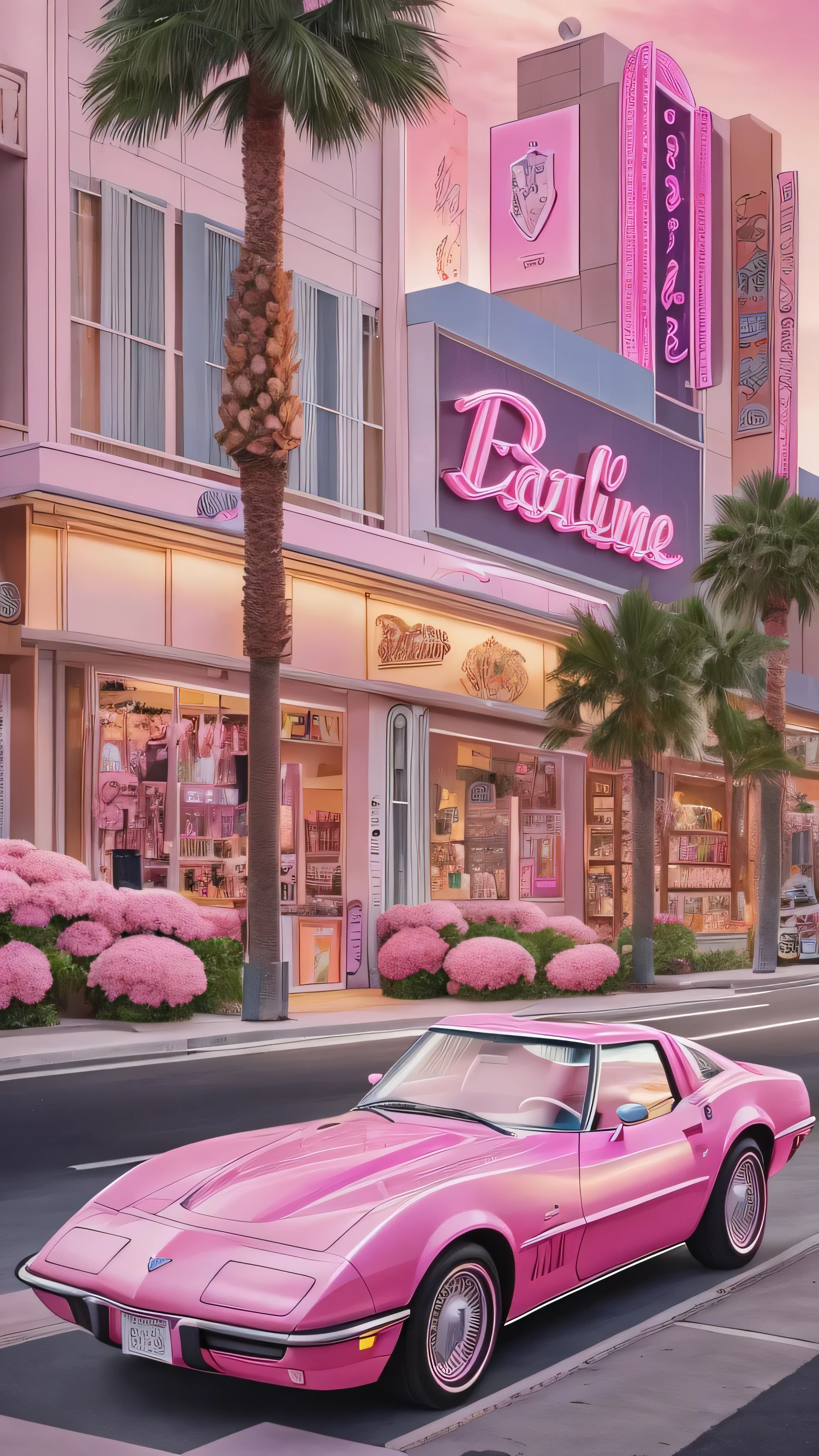in high definition,Create another scene in the same style, Barbie is now outside the perfume shop., Now she has a bag from the perfume shop, she's about to get in the car , her car is a C1 Corvette, Pink and white, C1 Corvette, She is wearing a pink and white checked dress.、The background shows a California city in the 1980s.。, palm trees and lots of pink flowers .