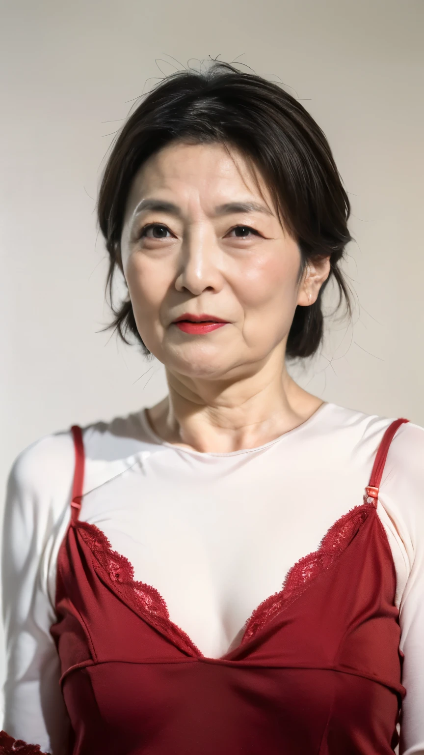 (((raw photo:1.5))), ((( depth of field:1.5))), ((( The Greatest Masterpiece))), (((16k:1.5))), ((( best quality :1.5))), Deep Focus , ((( high resolution:1.5))), (((ID photo composition:1.5))), (((Uchihara Michiko :1.5))), ((( is in focus on the face:1.5))), (((Clear contours))), Professionally filmed, ((( late elderly :1.5))), No discomfort, (( Accurate Description )), (((Lewd facial expression:1.5))), ((( lingerie:1.5))), ((( sexyなブラジャーを着ている:1.5))), (((Alone))), wife:1.2, Aunt:1.2, Chinoiserie , Older Mature Woman, red background , gravure, (((An expression full of anticipation:1.5))), (( Center of screen)), beautiful faces, (((Bright red lips:1.5))), Properly drawn lips, red lips, flashy makeup , From the chest up, Masterpiece, best quality , More details, photorealistic, More details細なスキン, COMPLETE ANATOMY, ( The Greatest Masterpiece:1.6), ( positive), 280 year old , huge breasts, Draw the upper body:1.3, mature pornstar, Charming, sexy, Chromo white skin, Stare straight at me ,