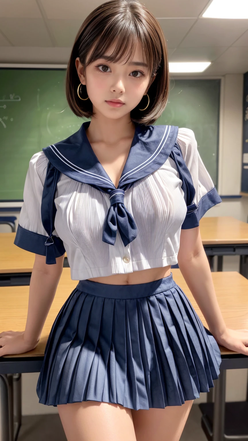 (8K、RAW Photos、top-quality、​masterpiece:1.2)、(realisitic、Photorealsitic:1.37)、女の子1人、japanes、18year old、femele、‎Classroom、natta、profetional lighting、Photon mapping、torn、Colossal tits、The tips of the knitted, which are pure white and very small in size, stick out、areola protruding、The shape of the pubic area is clearly visible、gals、Lots of lashes、Lame on the eyelids、Pitch black lip、Pitch black heels、pubick hair、the lower abdomen bristles、A slender、crotch open、My are big and are about to spill out of my bra、Very much pubic hair、pubic hair is very protruding、((Short sailor suit、Short pleated skirt,No hat))、maroon short hair
