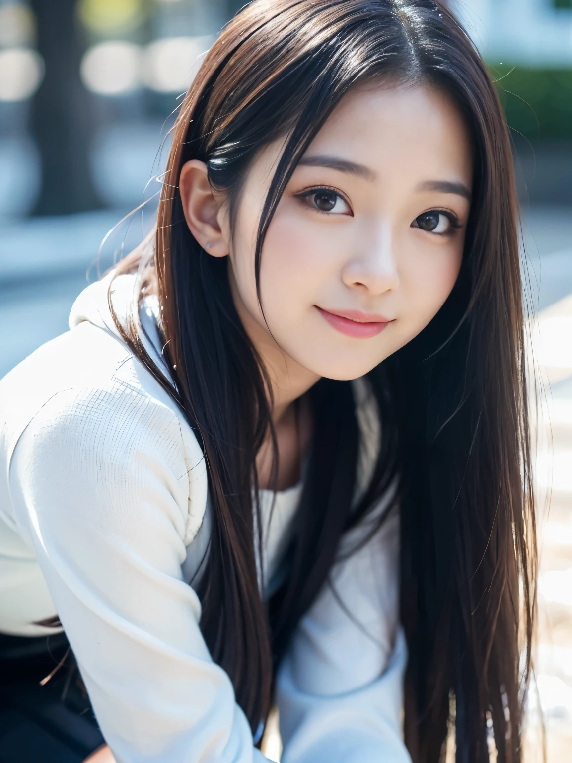 A bright girl with long black hair, straight nose, beautiful eyes, and a bright personality.