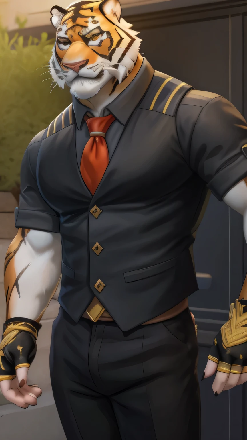 oscar, yellow eyes , muscular, looking at the spectator, tiger tail,(pinup), (pose), ( soft shading), 4k, Hi res , (( Detailed face, Detailed )), by zackarry911 , by zaush, (by personal:0.5), looking at the spectator, smile, shirt, Gloves, 1 , male focus , tie, black Gloves, collared shirt, pantalones, fingerless Gloves, orange eyes, black shirt, black pants, red tie, mangas arremangadas, bulto, extracted by itself , partially unbuttoned, neckline, between pectorals , full body because with brown shoes