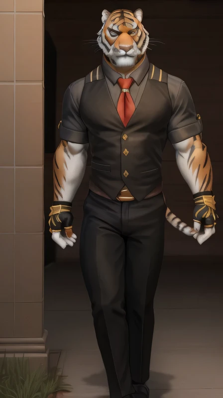 oscar, yellow eyes , muscular, Watching the Spectator, tiger tail,(pinup), (pose), ( soft shading), 4k, Hi res , (( Detailed face, Detailed )), by zackarry911 , by zaush, (by personal:0.5), Watching the Spectator, smile, shirt, Gloves, 1 , male focus , tie, black Gloves, collared shirt, pantalones, fingerless Gloves, orange eyes, black shirt, black pants, red tie, mangas arremangadas, bulto, extracted by itself , partially unbuttoned, neckline, between pectorals , full body because with brown shoes