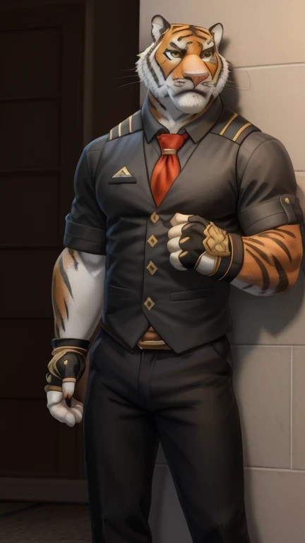 oscar, yellow eyes , muscular, Watching the Spectator, tiger tail,(pinup), (pose), ( soft shading), 4k, Hi res , (( Detailed face, Detailed )), by zackarry911 , by zaush, (by personal:0.5), Watching the Spectator, smile, shirt, Gloves, 1 , male focus , tie, black Gloves, collared shirt, pantalones, fingerless Gloves, orange eyes, black shirt, black pants, red tie, mangas arremangadas, bulto, extracted by itself , partially unbuttoned, neckline, between pectorals , full body because with brown shoes, yellow eyes
