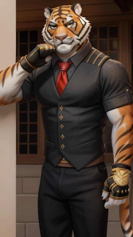 oscar,  yellow eyes , muscular,  Watching the Spectator, tiger tail,(pinup), (pose), ( soft shading), 4k,  Hi res , (( Detailed  face,  Detailed )),  by zackarry911 , by zaush, (by personal:0.5),  Watching the Spectator, smile, shirt, Gloves, 1 ,  male focus , tie, black Gloves, collared shirt, pantalones, fingerless Gloves, orange eyes, black shirt,  black pants, red tie, mangas arremangadas, bulto,  extracted by itself ,  partially unbuttoned, neckline,  between pectorals , full body because with brown shoes,  yellow eyes  