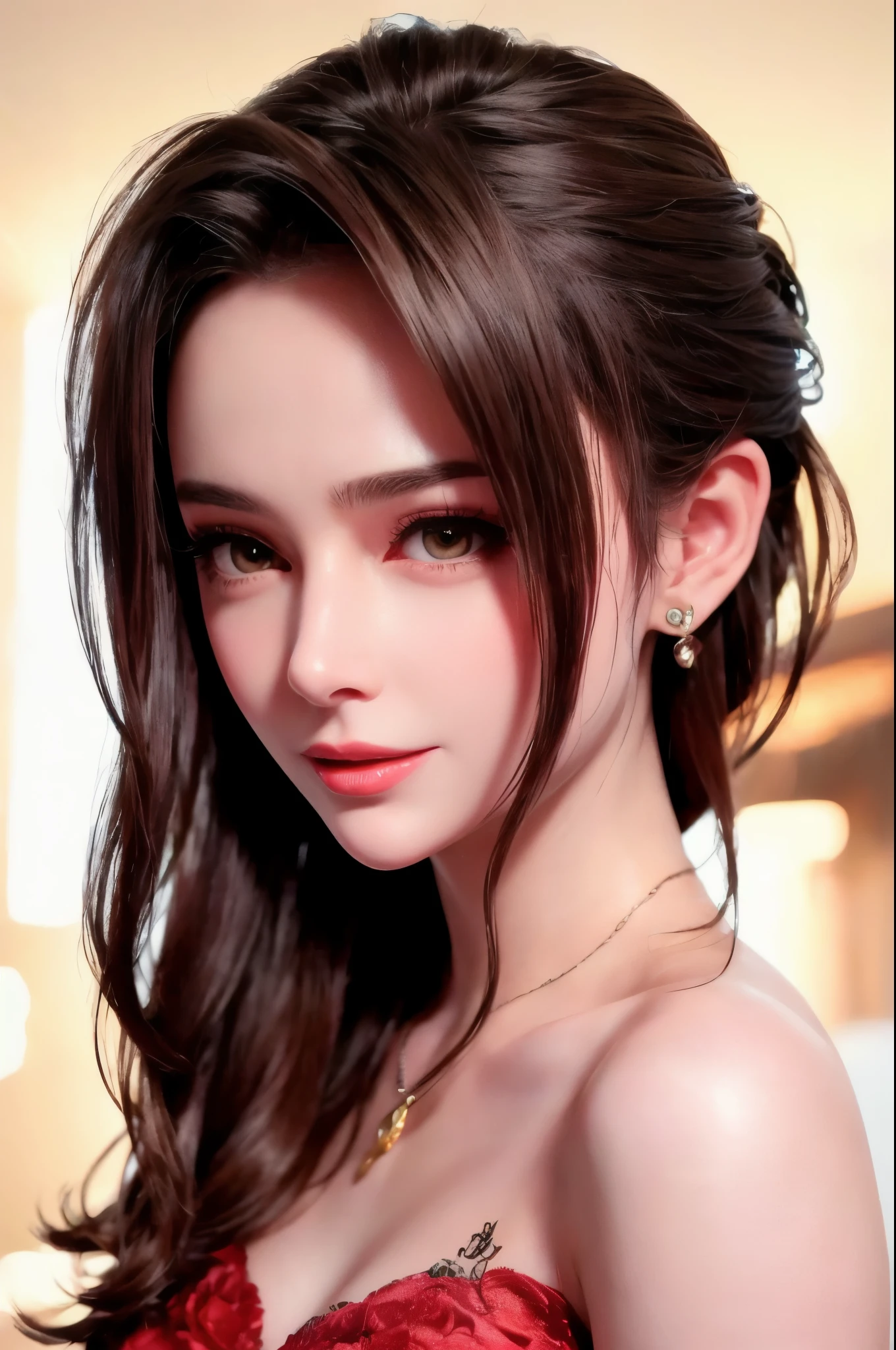 (1.    beauty ,    Supermodel   ), (      Perfect Anatomy ), (( upper body shot)), Golden Ratio, (top quality:1.4), 32k resolution, (    realistic      :1.5), High resolution UHD, (masterpiece :1.2)), (Improved quality:1.4), (  Very beautiful face details  ), (Grin), (top quality), ((red silk dress decorated with finely detailed pattern :1.37)),    earrings,     necklace, (Big Breasts:1.3), (thigh), Accurate Fingers,   very detailed,   beautiful eyes,     double eyelids ,     eyelash    , Shaping your eyebrows, ((very detailed)),     red cheeks    , Ultra-     realistic      eyes, Perfect Lips,       perfect eyes,     natural cosmetics   , [ pink lipstick ], (( Commitment to quality       :1.2)), (    beautiful lips:1.33), (Great nose:1.2), (Big Breasts),       brunette pixie cut, ((    realistic    )), ((   Sharp Focus )), (     Highest Resolution ), ((    high image quality)), ((masterpiece)),     Professional Cinema Lighting  