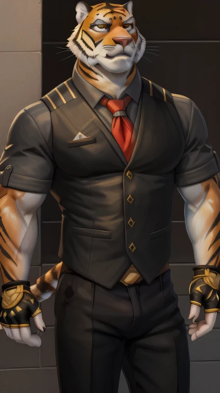 oscar,  yellow eyes , muscular,  looking at the spectator, tiger tail,(pinup), (pose), ( soft shading), 4k,  Hi res , (( Detailed  face,  Detailed )),  by zackarry911 , by zaush, (by personal:0.5),  looking at the spectator, smile, shirt, Gloves, 1 ,  male focus , tie, black Gloves, collared shirt, pantalones, fingerless Gloves, orange eyes, black shirt,  black pants, red tie, mangas arremangadas, bulto,  extracted by itself ,  partially unbuttoned, neckline,  between pectorals , full body because with brown shoes,  yellow eyes  