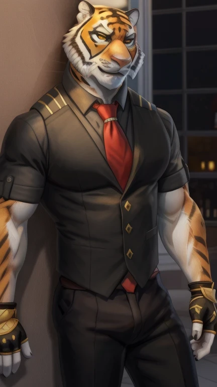 oscar, yellow eyes , muscular, looking at the spectator, tiger tail,(pinup), (pose), ( soft shading), 4k, Hi res , (( Detailed face, Detailed )), by zackarry911 , by zaush, (by personal:0.5), looking at the spectator, smile, shirt, Gloves, 1 , male focus , tie, black Gloves, collared shirt, pantalones, fingerless Gloves, orange eyes, black shirt, black pants, red tie, mangas arremangadas, bulto, extracted by itself , partially unbuttoned, neckline, between pectorals , full body because with brown shoes, yellow eyes